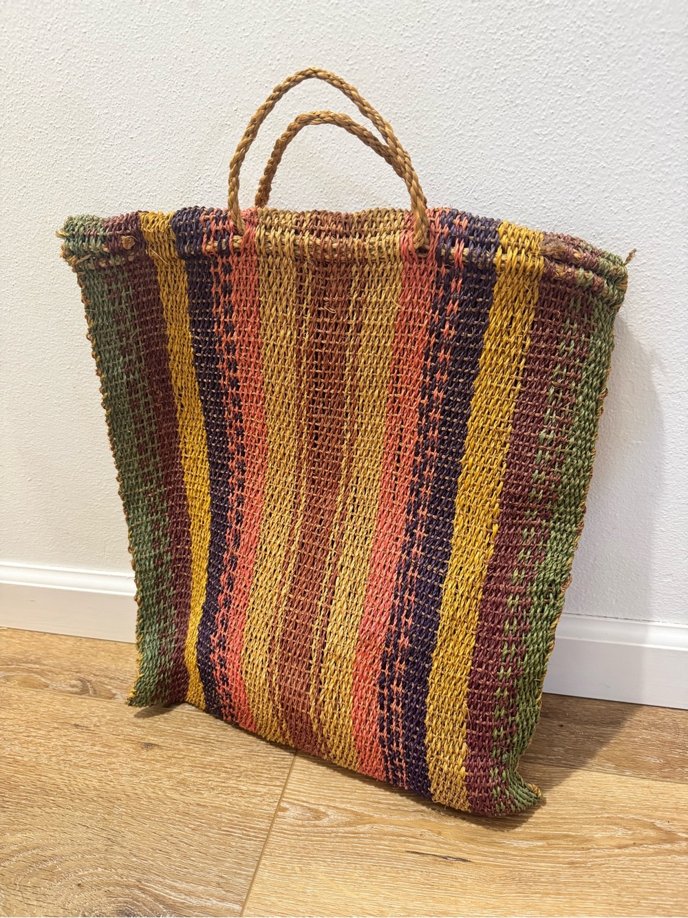 Vintage Straw Tote Bag - Green, Yellow, Orange Stripes